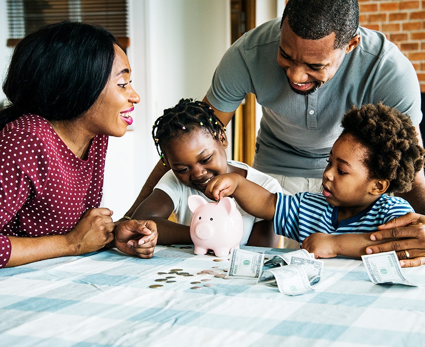 Family and piggy bank